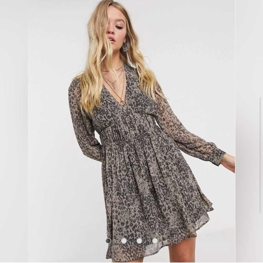 All Saints Kiana Patch Animal Print Long Sleeve Mini Dress Size Medium